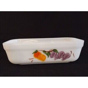 Vintage Fire King GAY FAD 8" Milk Glass Loaf Pan Fruit Peach & Grapes Bakeware